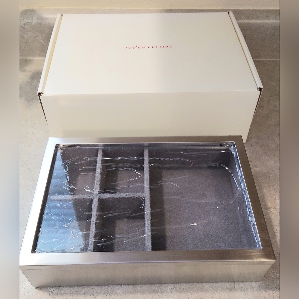 RED ENVELOPE | NIB Brushed Nickel Large Accessories/Jewelry Box w/Gray Interior.